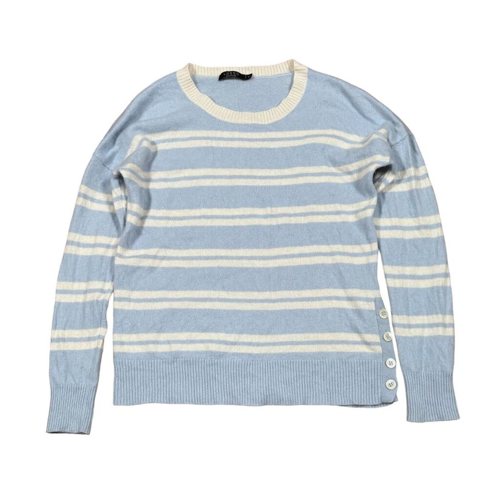 LUSSO Women's Sz Small‎ S 100% Cashmere Blue Striped Sweater w Buttons